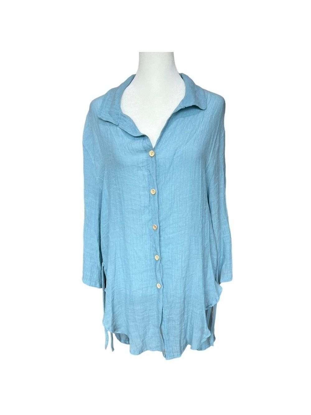 Women's Blue Button Down Tunic Shirt Large